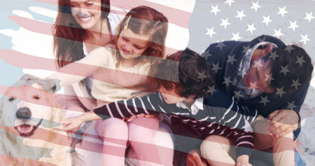 Image of waving usa flag over happy caucasian family. National patriotism concept digital generated...