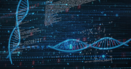 Image of dna strands with data processing. Global science, data processing, connections and networks concept digitally generated image.の写真素材
