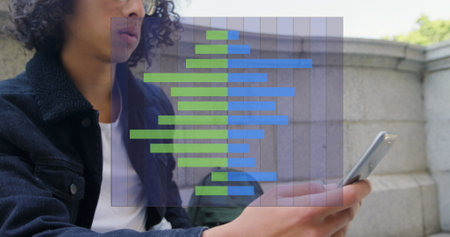 Image of cityscape over biracial businessman using smartphone. Global business digital interface...