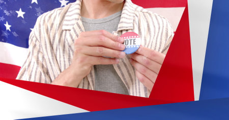 Image of usa elections text and american flag, diverse man with vote badge and woman waving flag....