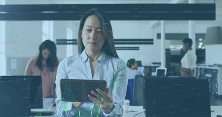 Image of data processing over diverse business people in office. Global business and digital...