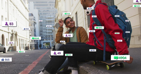 Image of changing numbers and icons in notification bars, diverse skaters discussing on street....