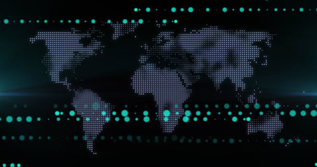 Image of spots over world map on black background. Global finances, computing and digital interface concept digitally generated image.の写真素材
