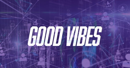 Image of good vibes text with network of connections and data processing over server room. Global technology, social media and digital interface concept digitally generated image.