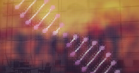 Image of moving columns over data processing on orange background. Global science research and data...