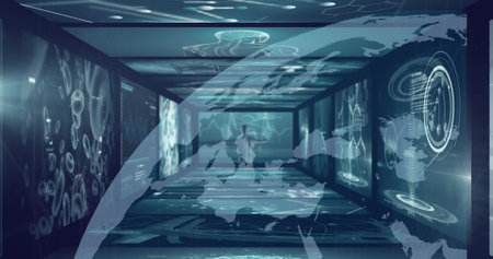 Image of data processing over globe on black background. Global business, computing and digital interface concept digitally generated image.の写真素材