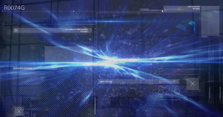Image of data processing over business people walking and light trails. Global business and digital...