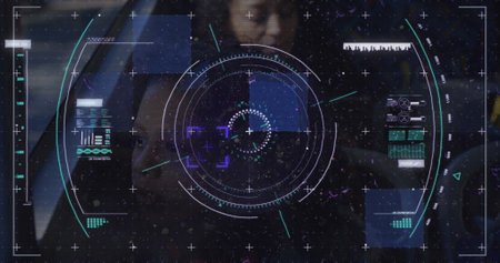 Image of scope scanning and data processing over diverse people in bus. Global business, data processing and digital interface concept digitally generated image.の写真素材