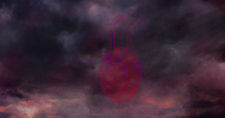 Image of clouds and storm over padlock. Global business and digital interface concept digitally generated image.の写真素材