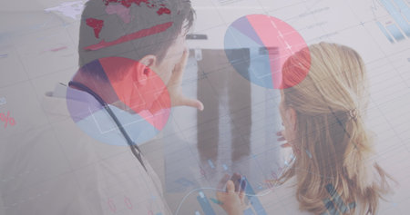 Image of statistics and data processing over diverse doctors with x ray scan. Global medicine,...