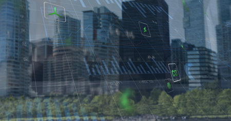 Image of cityscape over data processing. Global business and digital interface concept digitally generated image.の写真素材