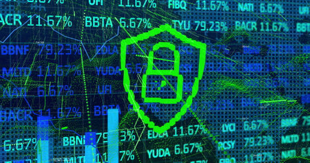 The image is an image of the stock market with blue glowing financial data processing and blue lines...