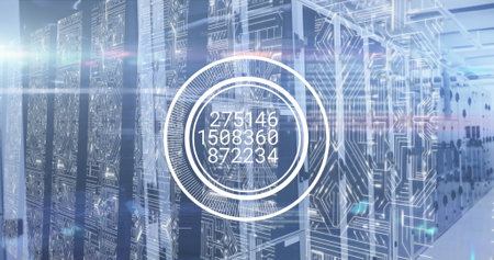 Image of numbers and data processing over computer servers. Global computing and data processing...