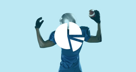 Image of shapes over african american male american football player on blue background. Sport, shopping and retail concept digitally generated image.の写真素材