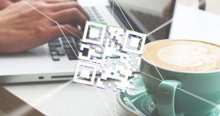 Image of qr code, data processing and networks over man using laptop. Global computing, networks, business, finance and data processing concept digitally generated image.の写真素材