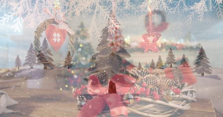 The image shows snow falling over a winter landscape, with fir trees and a grapevine wreath. the image is digitally generated and lasts for four seconds.の写真素材