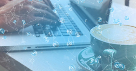 Image of data processing and networks over woman using laptop. Global computing, networks, business, finance and data processing concept digitally generated image.の写真素材