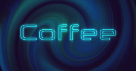 Image of neon blue coffee text banner over blue digital waves spinning against black background. Information signage for business or service conceptの写真素材