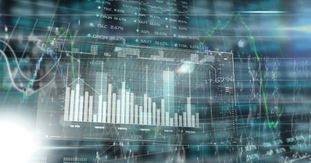 Image of connected dots with multiple graphs over trading board on grid pattern. Digitally generated, hologram, stock market, investment, report, finance, illuminated and technology concept.の写真素材