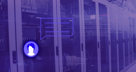 Image of social media message over violet server room. Communication, global network and technology...