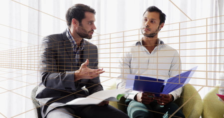 Image of tunnel in seamless pattern over diverse businesspeople discussing together at office....