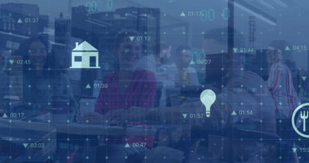 Image of data processing with icons over diverse business people having meeting at office. Global...