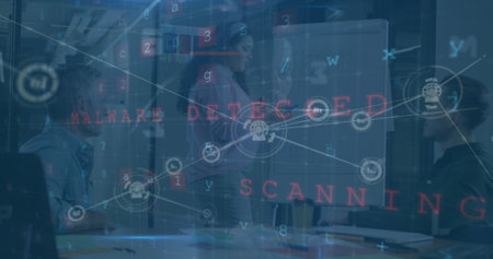 A digital interface and network of connections over a hacker. Global connections technology and digital interface concept digitally generated image.の写真素材