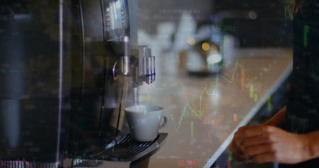 Image of data processing over caucasian businessman with coffee. Global business and digital...