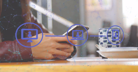 Image of data processing and networks over man using smartphone. Global computing, networks,...