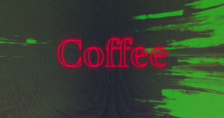 Image of neon red coffee text banner over green digital waves against black background. Information...