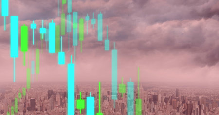 Image of cityscape over data processing. Global business and digital interface concept digitally generated image.の写真素材