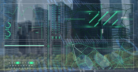 Image of cityscape over data processing. Global business and digital interface concept digitally...