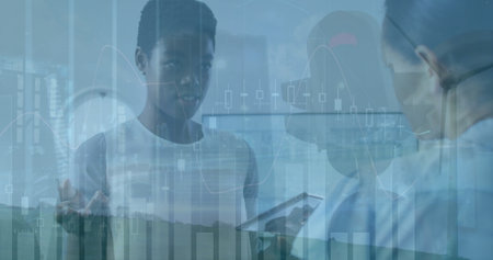 Image of data processing over diverse business people in office. Global business and digital...