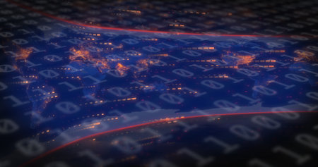 Image of data processing over world map on black background. Global technology, computing and digital interface concept digitally generated image.の写真素材