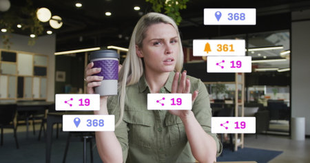 Image of social media data processing over caucasian businesswoman on image call. Global connections, business, finance, data processing and digital interface concept digitally generated image.の写真素材