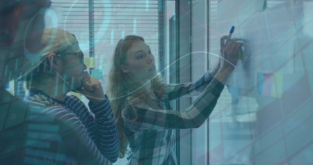 Image of financial data processing over business people by whiteboard. Global business, finance, computing and data processing concept digitally generated image.の写真素材