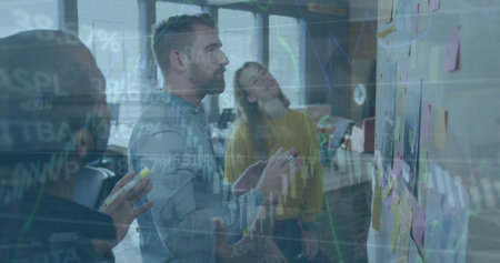 Image of financial data processing over business people. Global business, finance, computing and...