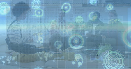 Image of data processing over diverse business people having meeting at office. Global business,...