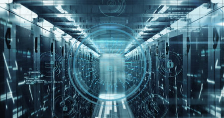 Image of cyber security text, padlock in circle with icons over computer language on server room....