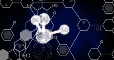 Image of molecule over chemical formula on black background. Science, computing and digital interface concept digitally generated image.の写真素材