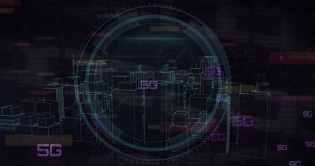 Image of icons with city and data processing on black background. Global technology, computing and...