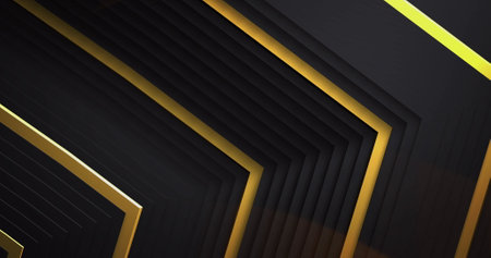 Waves of orange light over glowing gold chevrons on black background. Energy, data, connection and communication digitally generated image.の写真素材