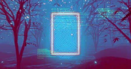 Biometric fingerprint interface over lights in trees on path at night. Biometric security, data,...