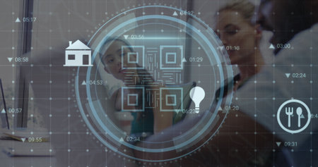 Image of cyber security text, barcode, sustainable icon, diverse coworker discussing over laptop. Composite, protection, privacy, data, network, technology, grid, business, teamwork and office.の写真素材