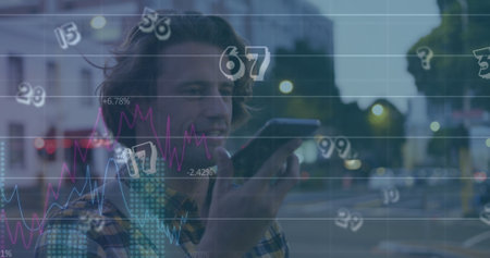Image of data processing over caucasian man using smartphone. Global connections, computing, digital interface and data processing concept digitally generated image.の写真素材