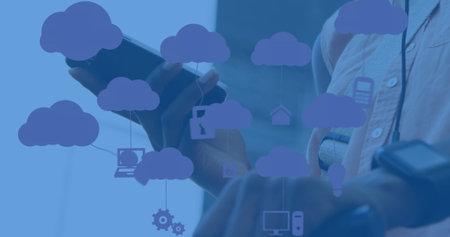 Image of clouds with electronic devices over caucasian man using smartphone. global cloud computing,...