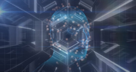 Human face model spinning against hexagonal tunnel in seamless pattern against blue background....