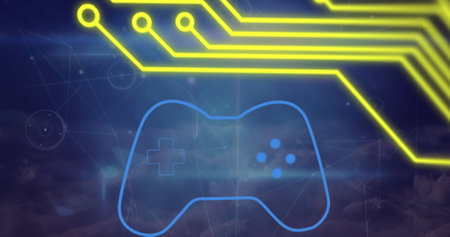 Image of neon gaming pad and integrated circuit on navy background. image game, communication and...