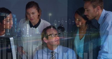 Image of financial data processing and cityscape over diverse business people in office. global business, data processing and digital interface concept digitally generated image.の写真素材