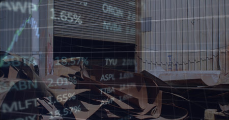 Image of data processing over rubbish dump. global business and digital interface concept digitally generated image.の写真素材